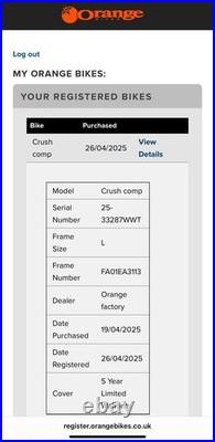 2025 Orange Crush comp Hard tail Mountain Bike Large Frame 27.5 Wheels
