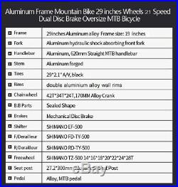 29 Aluminium Frame Mountain Bike 21 Speed Front Suspension Disc Brakes Bicycle