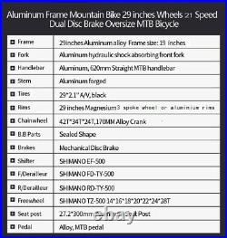 Aluminum Frame Mountain Bike Shimano 21 Speed Mens Bicycle Disc Brakes 29er XL