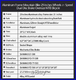 Mens Mountain Bike 29 Bikes Aluminium Frame Shimano 21 Speed Bicycle 29er