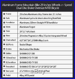 Mountain Bike 29 21 Speed Front Suspension Mens Bicycle Aluminium Frame MTB